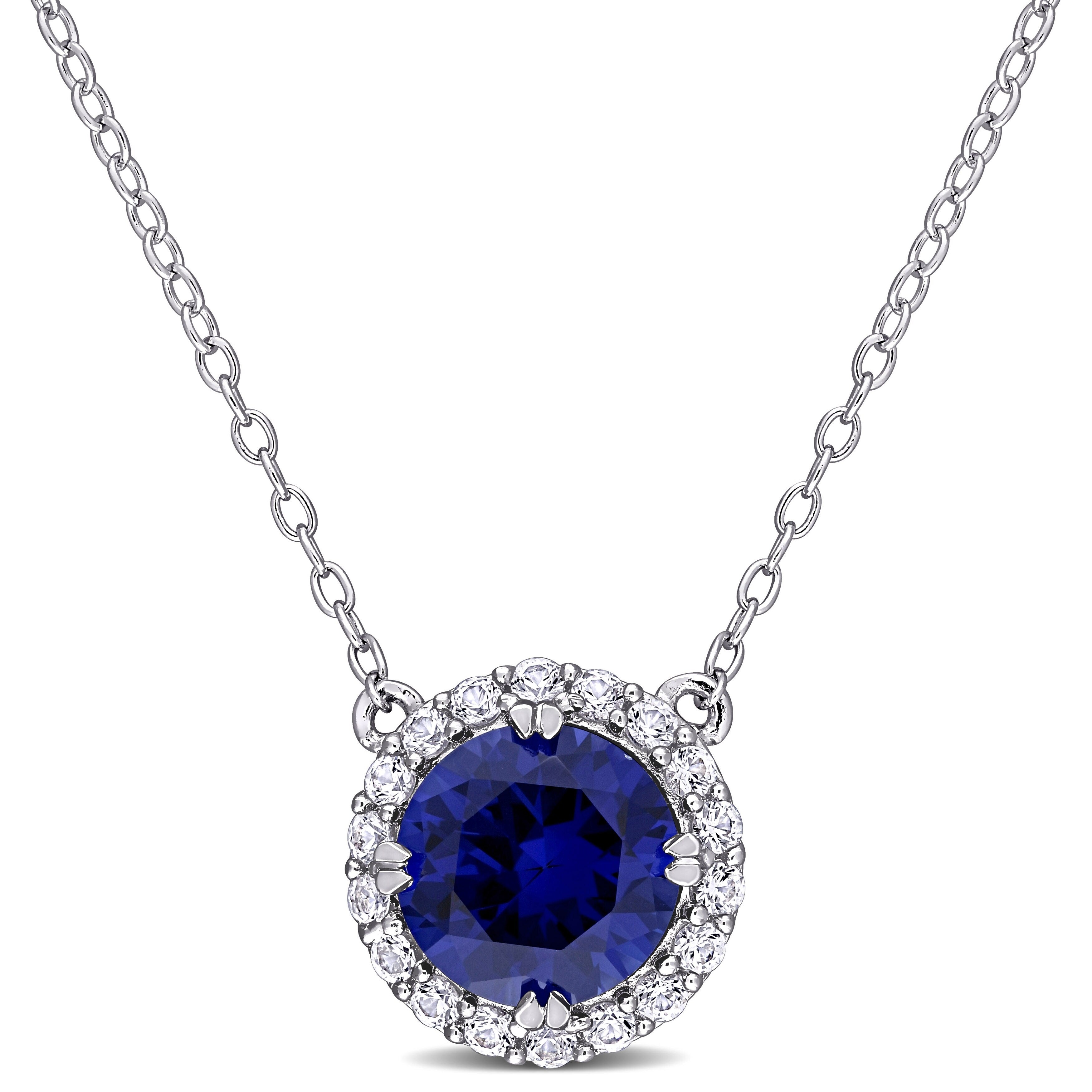 Miadora Sterling Silver Created Blue and White Sapphire Halo Stationed Birthstone Necklace - 11.4 mm x 18 inch x 11.1 mm