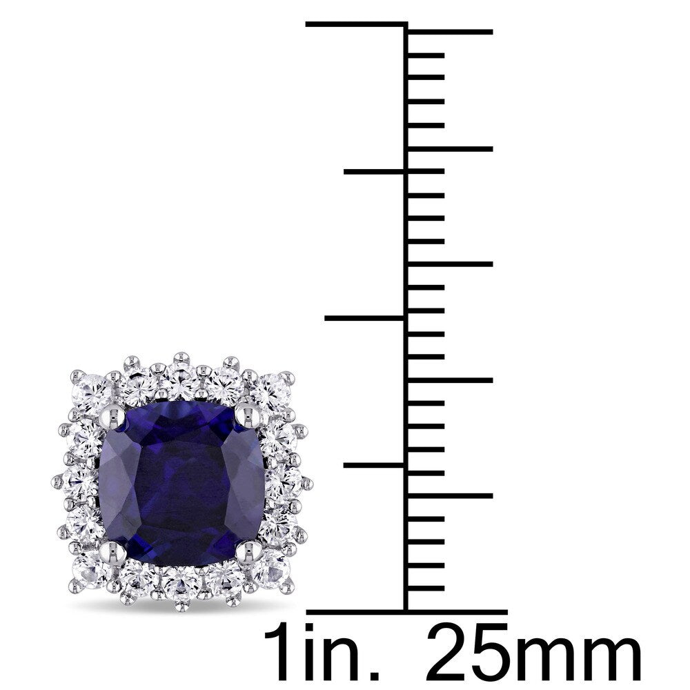 Miadora Sterling Silver Created Blue and White Sapphire Square Halo Birthstone Stud Earrings