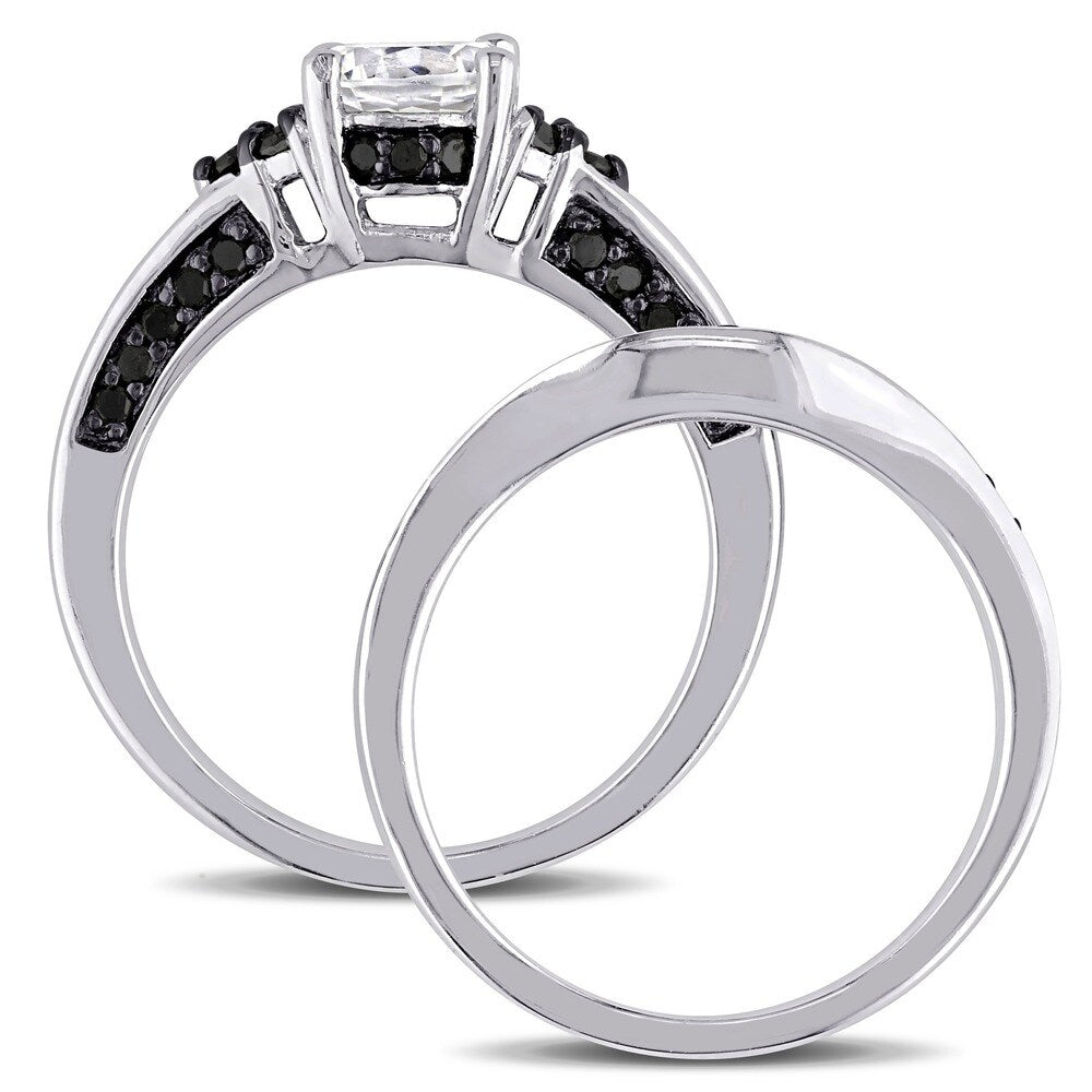 Miadora Sterling Silver Created White Sapphire and 3/5ct TDW Black Diamond Bridal Ring Set
