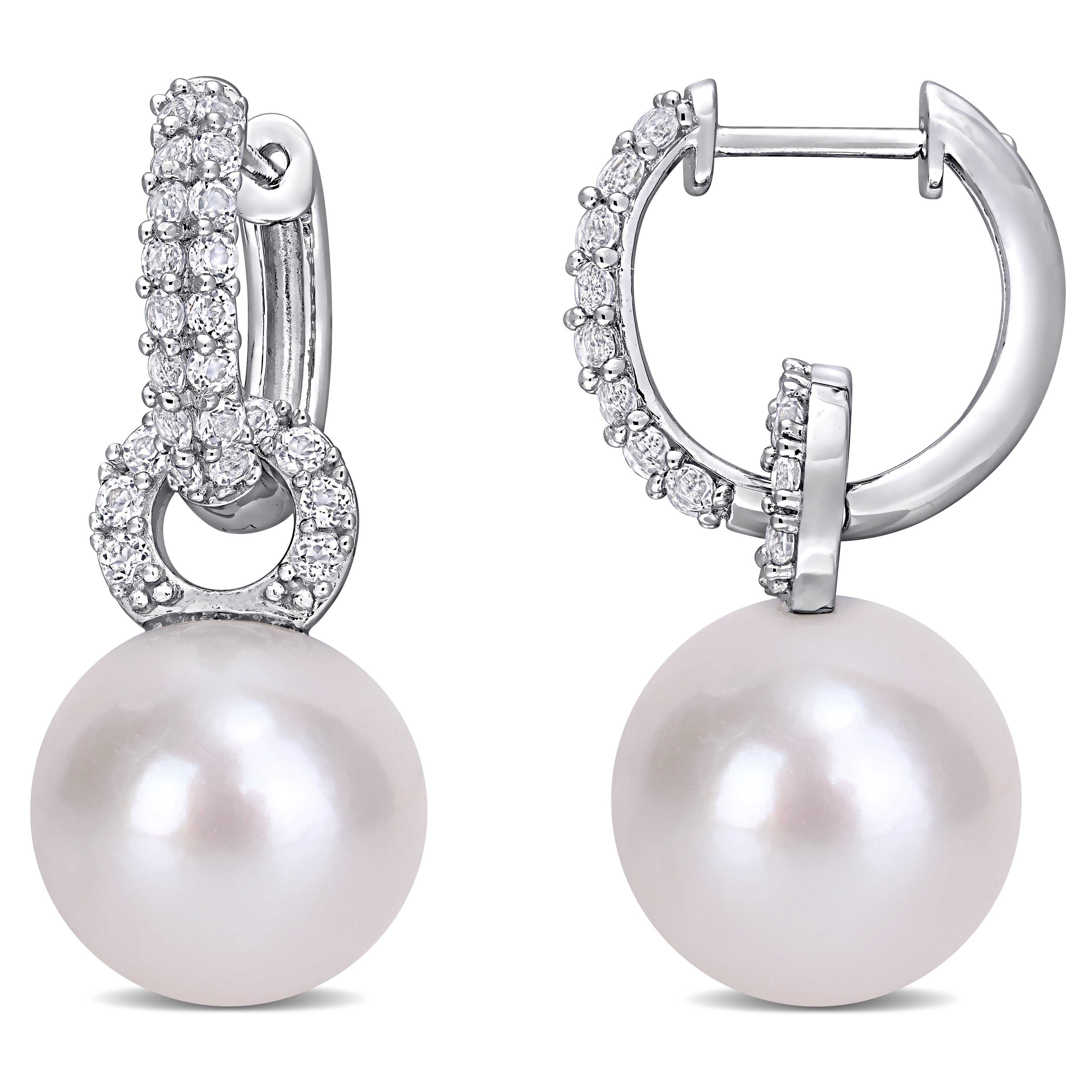 11-12 MM Cultured Freshwater Pearl and White Topaz Hoop Drop Earrings in Sterling Silver by Miadora