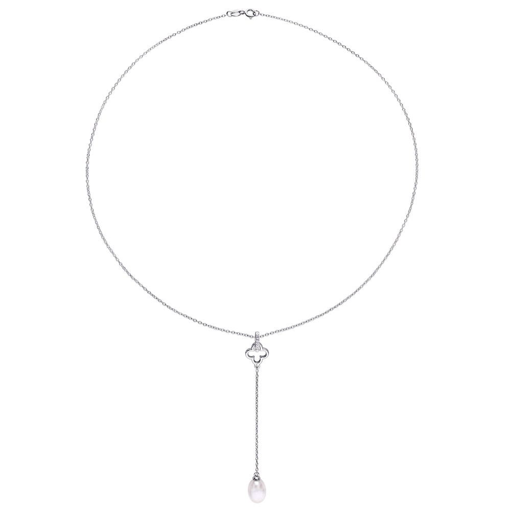 Miadora Sterling Silver Cultured Freshwater Pearland White Topaz Quatrefoil Necklace with Chain
