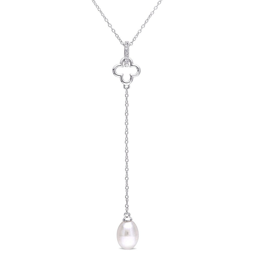 Miadora Sterling Silver Cultured Freshwater Pearland White Topaz Quatrefoil Necklace with Chain