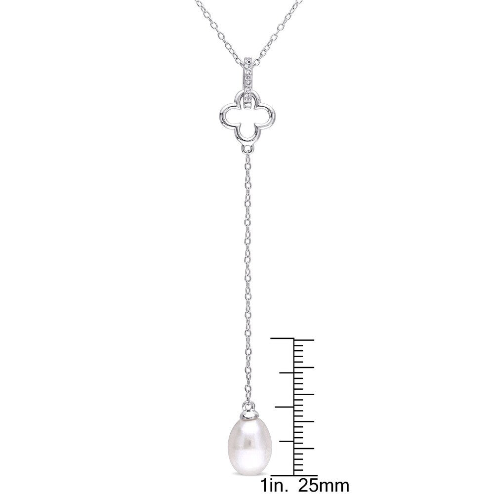Miadora Sterling Silver Cultured Freshwater Pearland White Topaz Quatrefoil Necklace with Chain