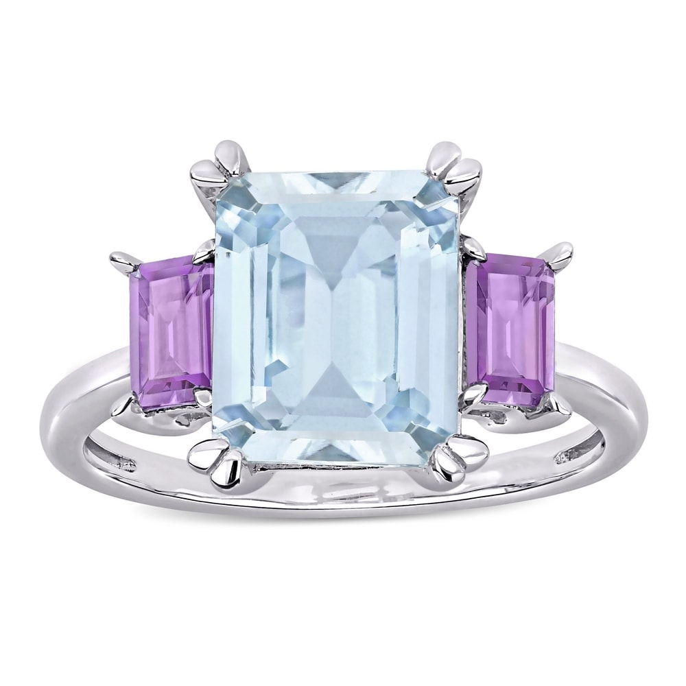 Miadora Sterling Silver Octagon-Cut Ice Aquamarine and Rose de France 3-Stone Ring