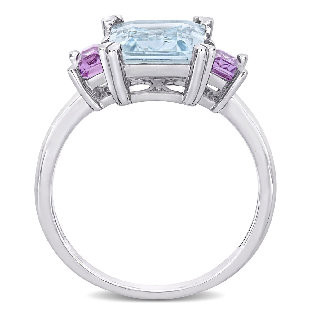 Miadora Sterling Silver Octagon-Cut Ice Aquamarine and Rose de France 3-Stone Ring