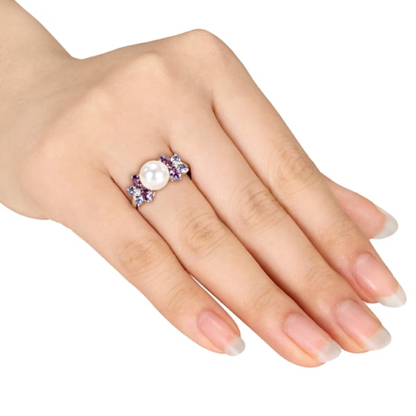 Miadora Sterling Silver Pearl, Gemstone and Diamond Ring (8-8.5 mm)