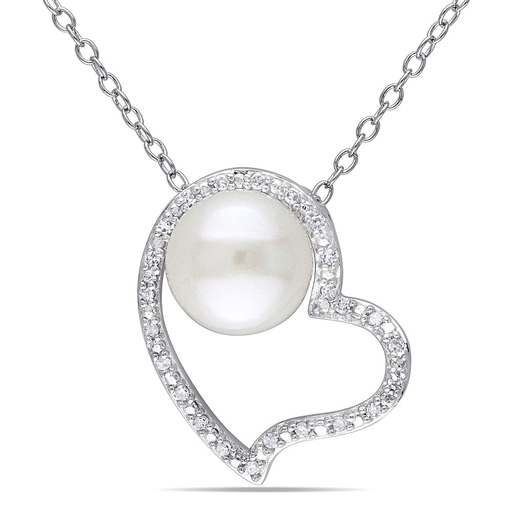 Miadora Sterling Silver Pearl and 1/10ct TDW Diamond Heart Necklace (H-I, I2-I3) (8-8.5 mm)