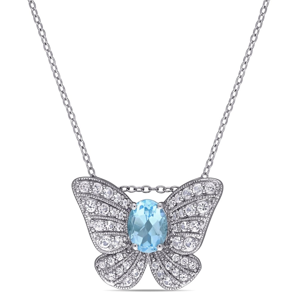 Miadora Sterling Silver Sky-Blue Topaz Created White Sapphire Butterfly Necklace