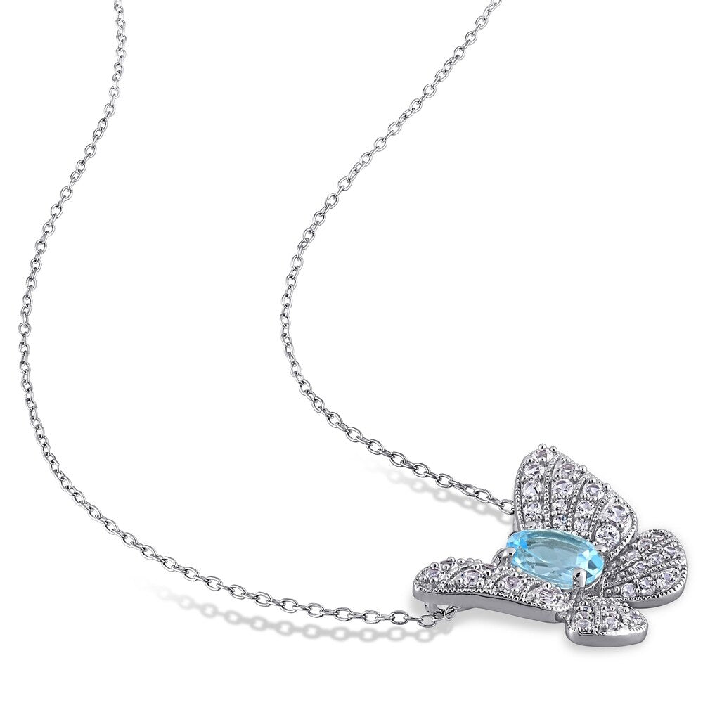 Miadora Sterling Silver Sky-Blue Topaz Created White Sapphire Butterfly Necklace