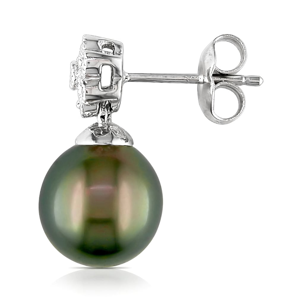 Miadora Sterling Silver Tahitian Pearl and Diamond Accent Earrings (9.5-10 mm)