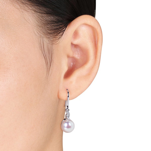 Miadora Sterling Silver White Pearl and Diamond Accent Earrings (10.5-11 mm)