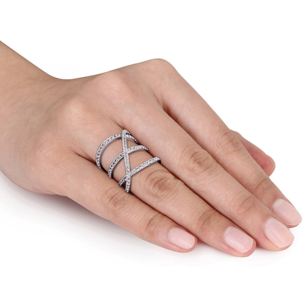 Miadora Sterling Silver White Topaz Crossover Ring