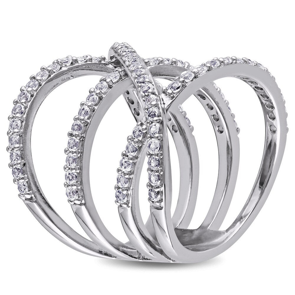 Miadora Sterling Silver White Topaz Crossover Ring