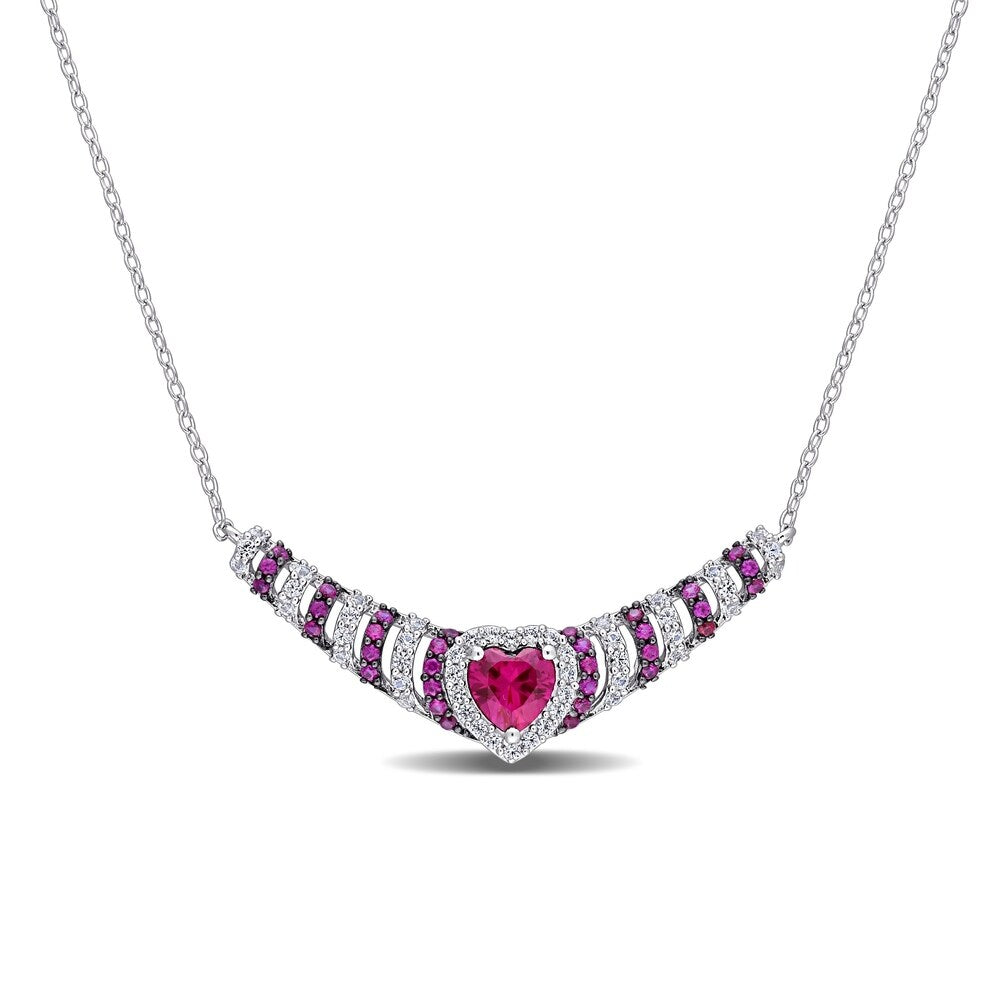 Miadora Sterling Silver with Black Rhodium Plated Created Ruby and Created White Sapphire Station Necklace