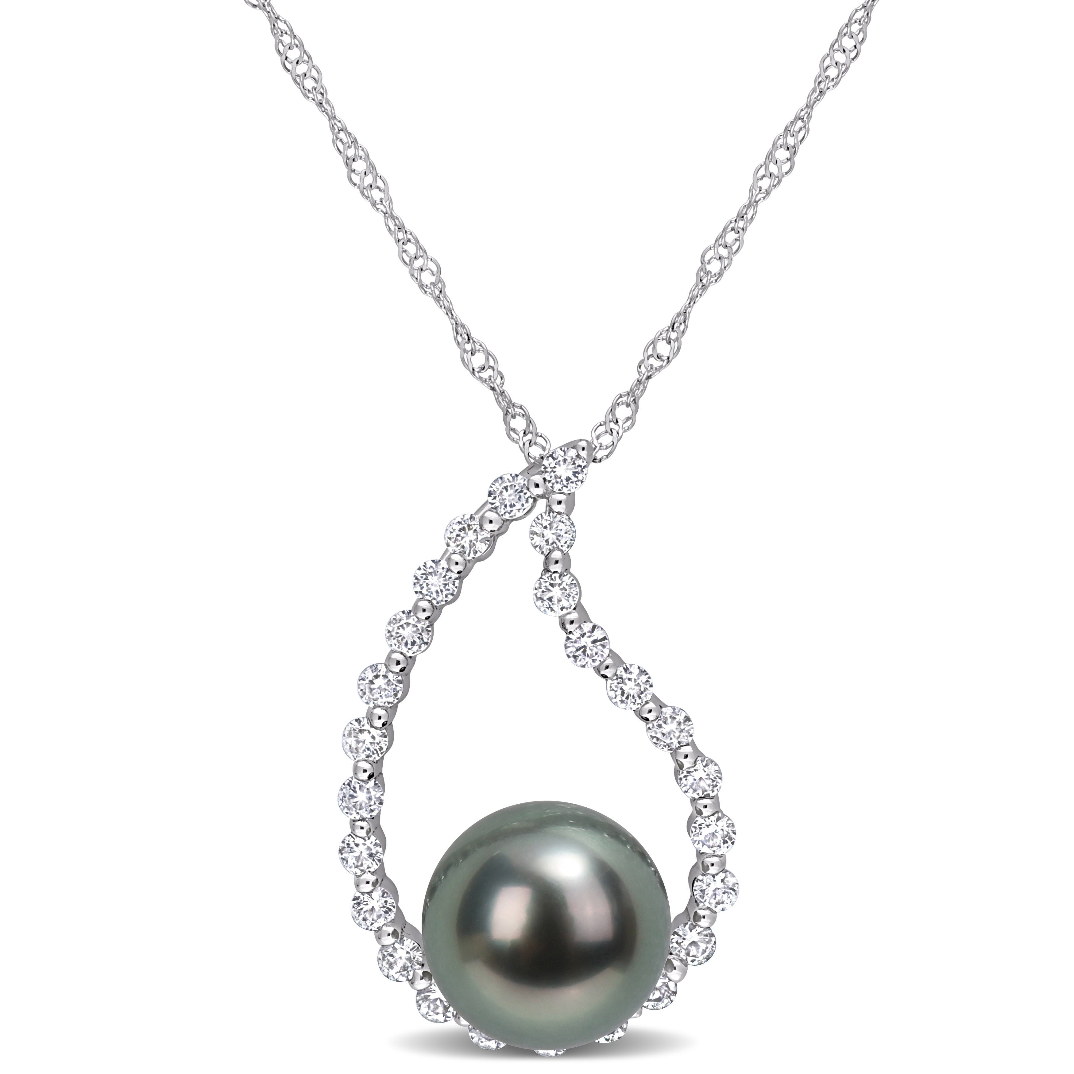 Miadora Tahitian Cultured Pearl & White Sapphire Open Teardrop Necklace in 10k White Gold (8-8.5mm)