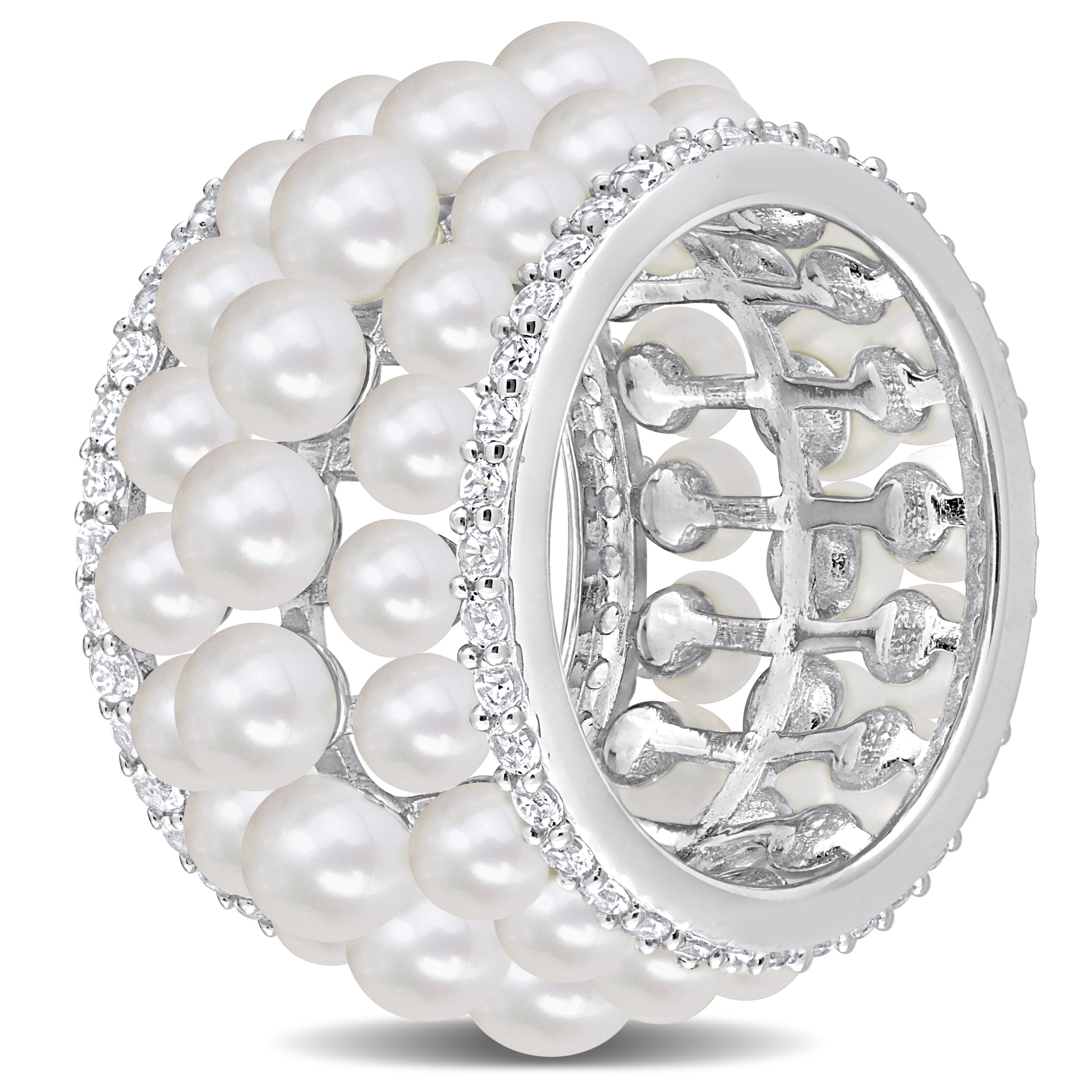 Miadora White Cultured Freshwater Pearl and 1-3/5ct TGW Created White Sapphire Multi-row Ring in Sterling Silver