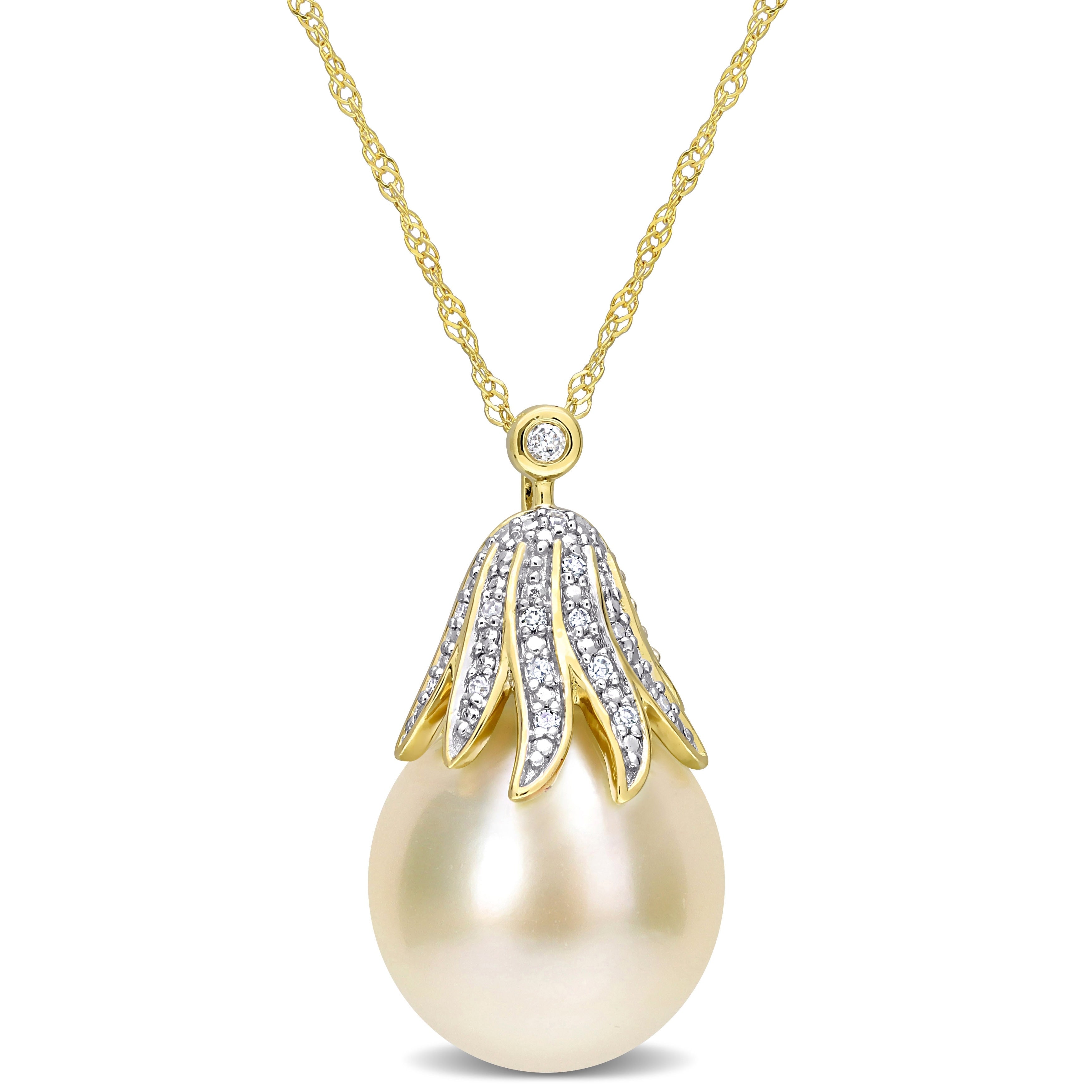 Miadora White South Sea Cultured Pearl and Diamond Accent Pendant in 14k Yellow Gold (10-11mm)
