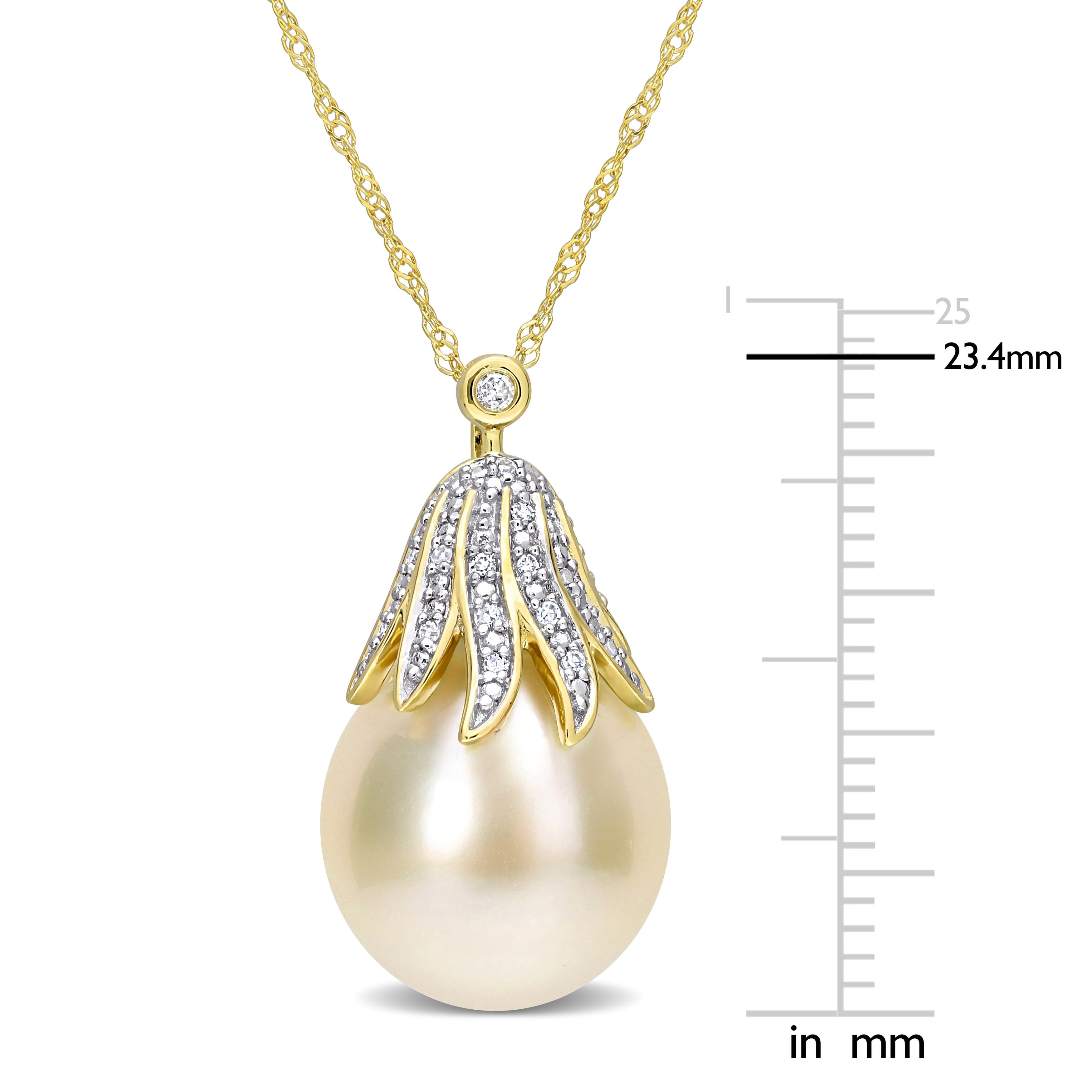 Miadora White South Sea Cultured Pearl and Diamond Accent Pendant in 14k Yellow Gold (10-11mm)