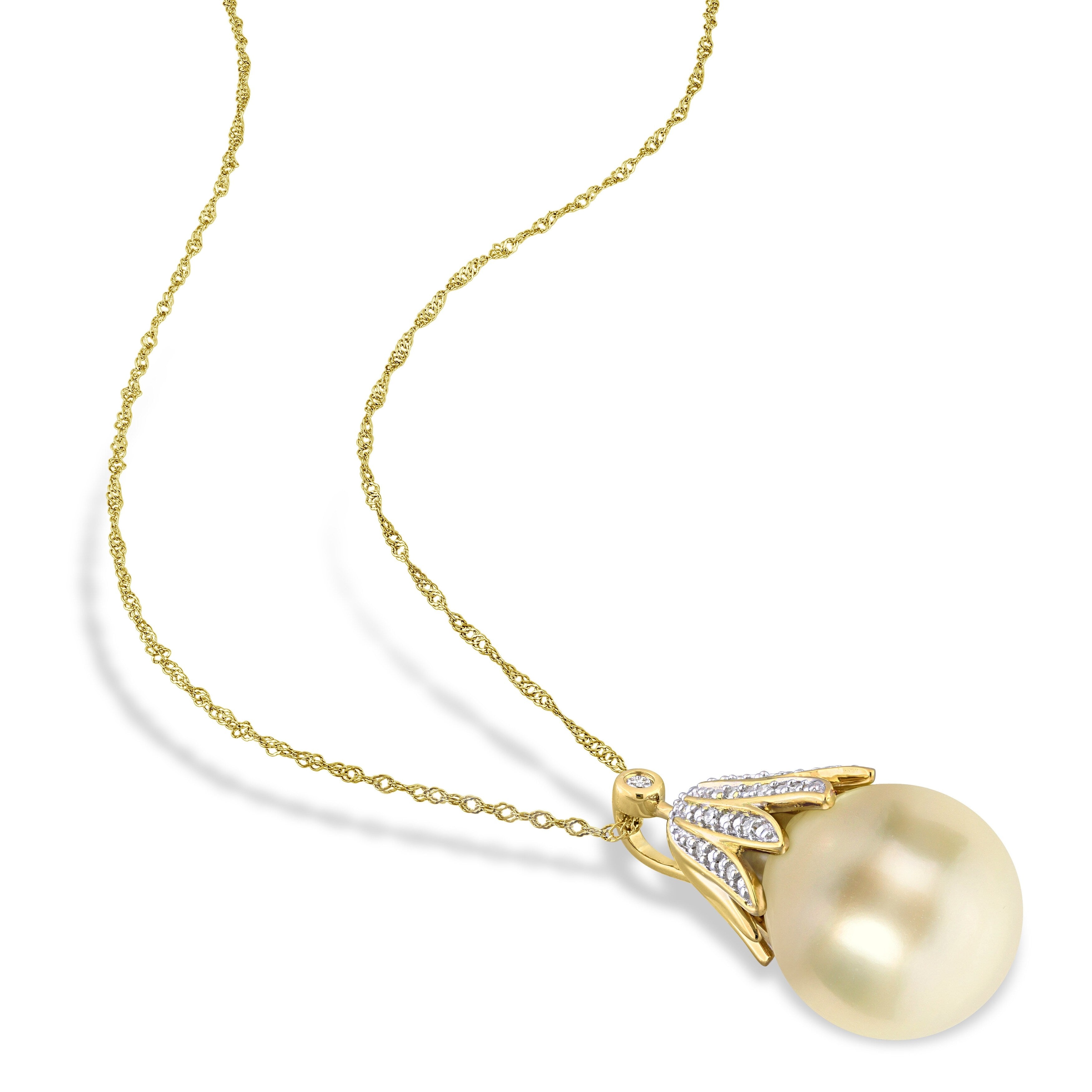 Miadora White South Sea Cultured Pearl and Diamond Accent Pendant in 14k Yellow Gold (10-11mm)