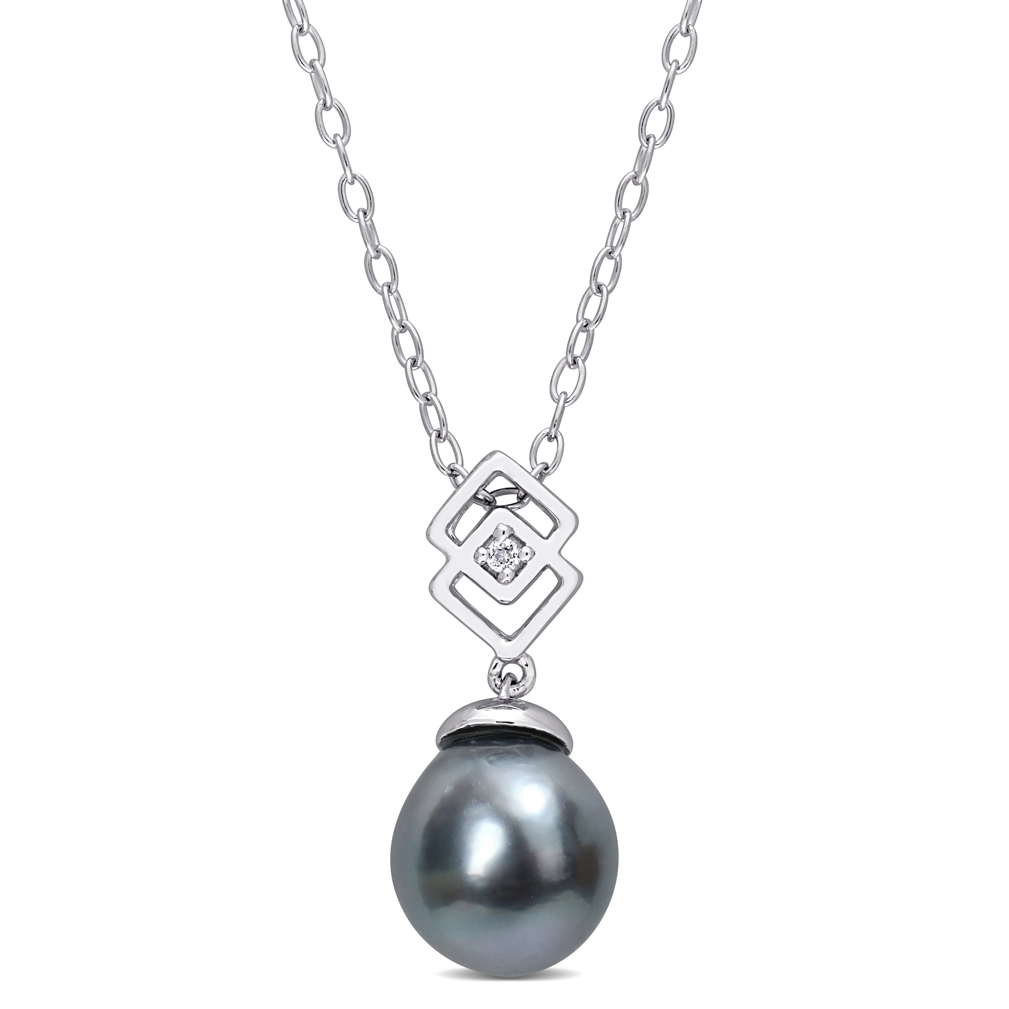 Miadora White Topaz and 8-9mm Black Tahitian Cultured Pearl Fashion Pendant with Chain Silver