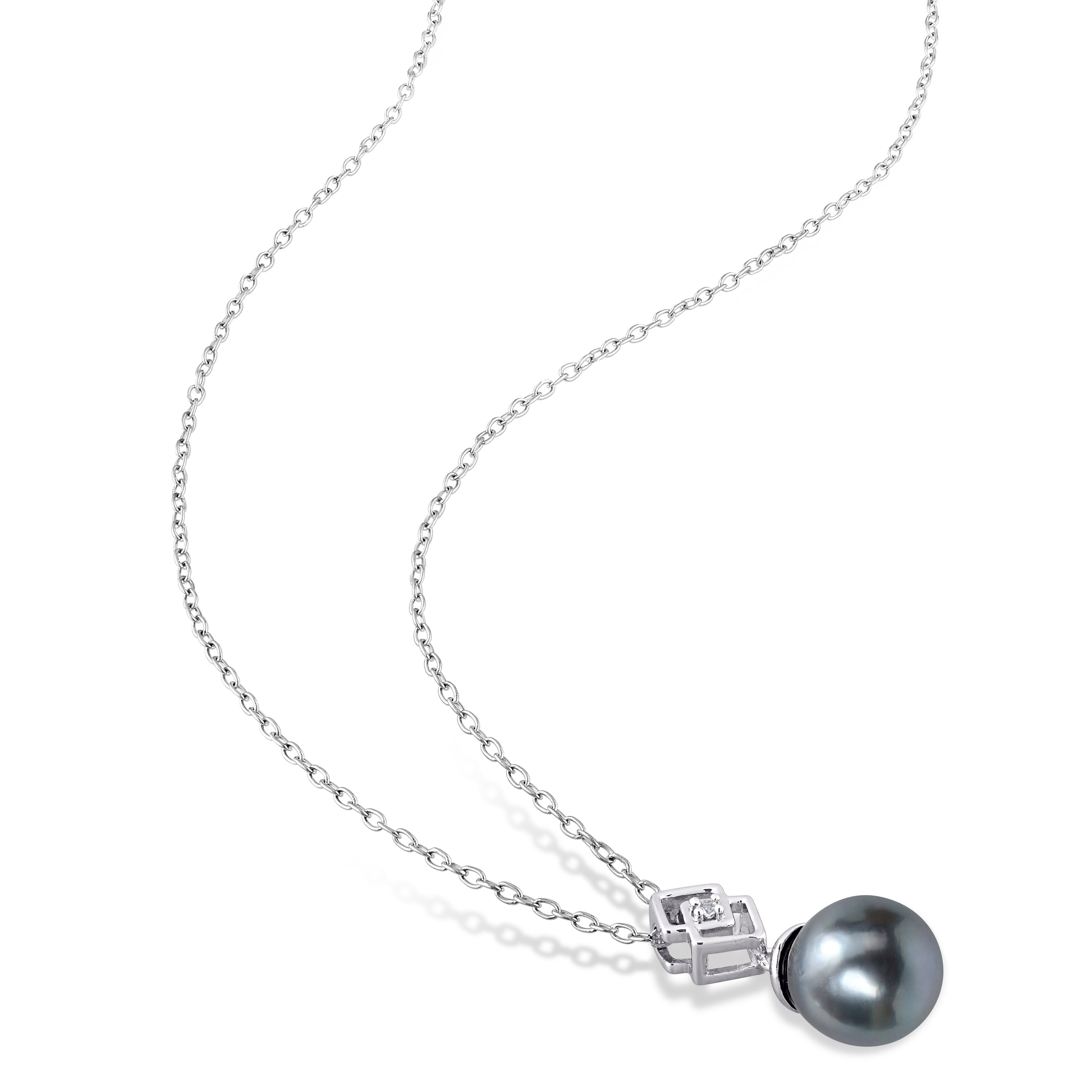 Miadora White Topaz and 8-9mm Black Tahitian Cultured Pearl Fashion Pendant with Chain Silver