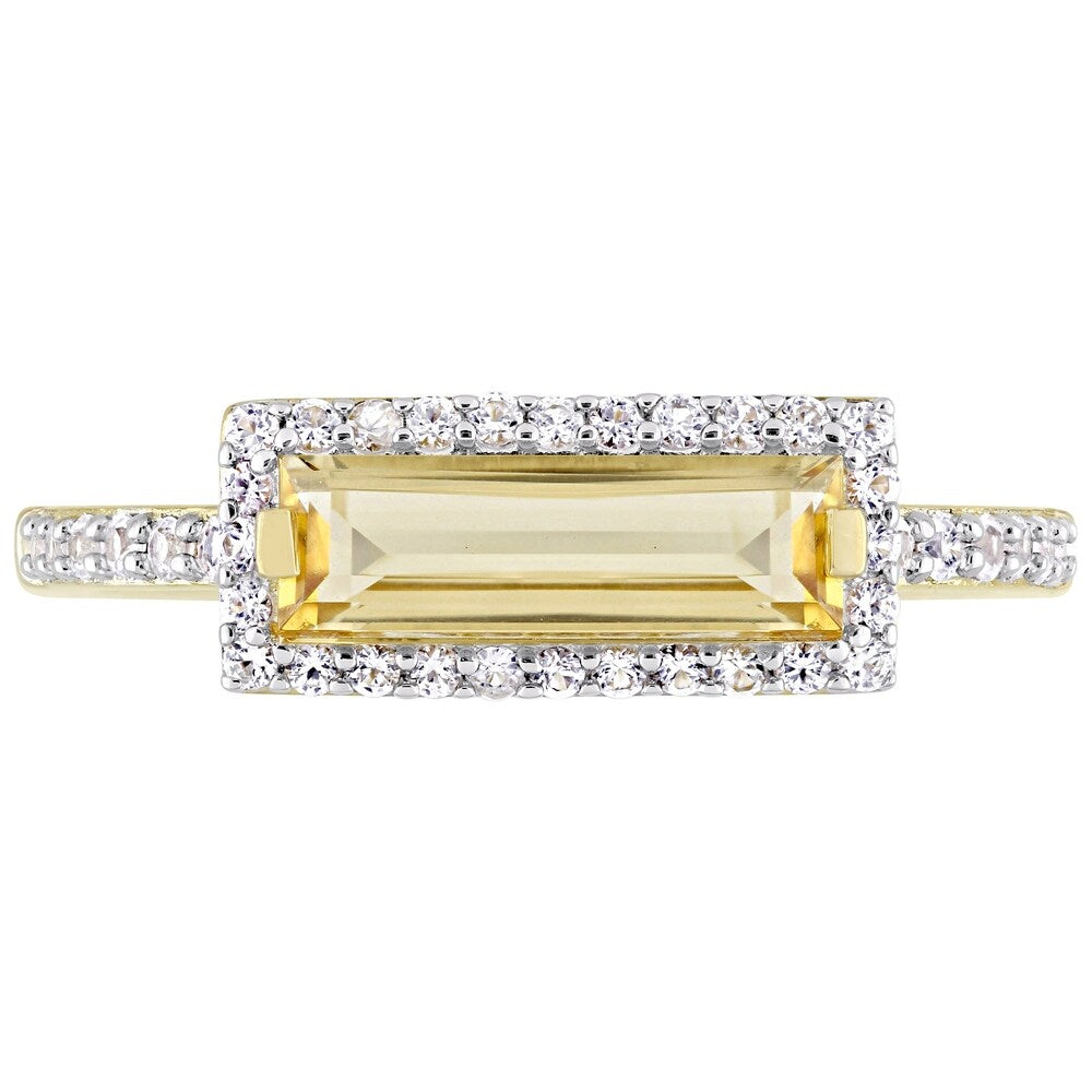 Miadora Yellow Gold Plated Sterling Silver Baguette Citrine and White Sapphire Halo Bar Ring