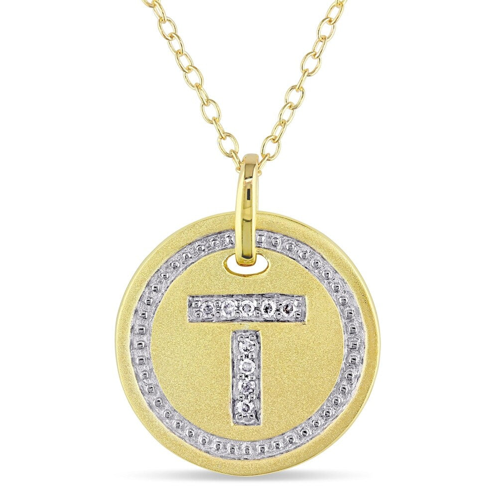 Miadora Yellow Plated Sterling Silver Diamond T-Initial Halo Charm Necklace