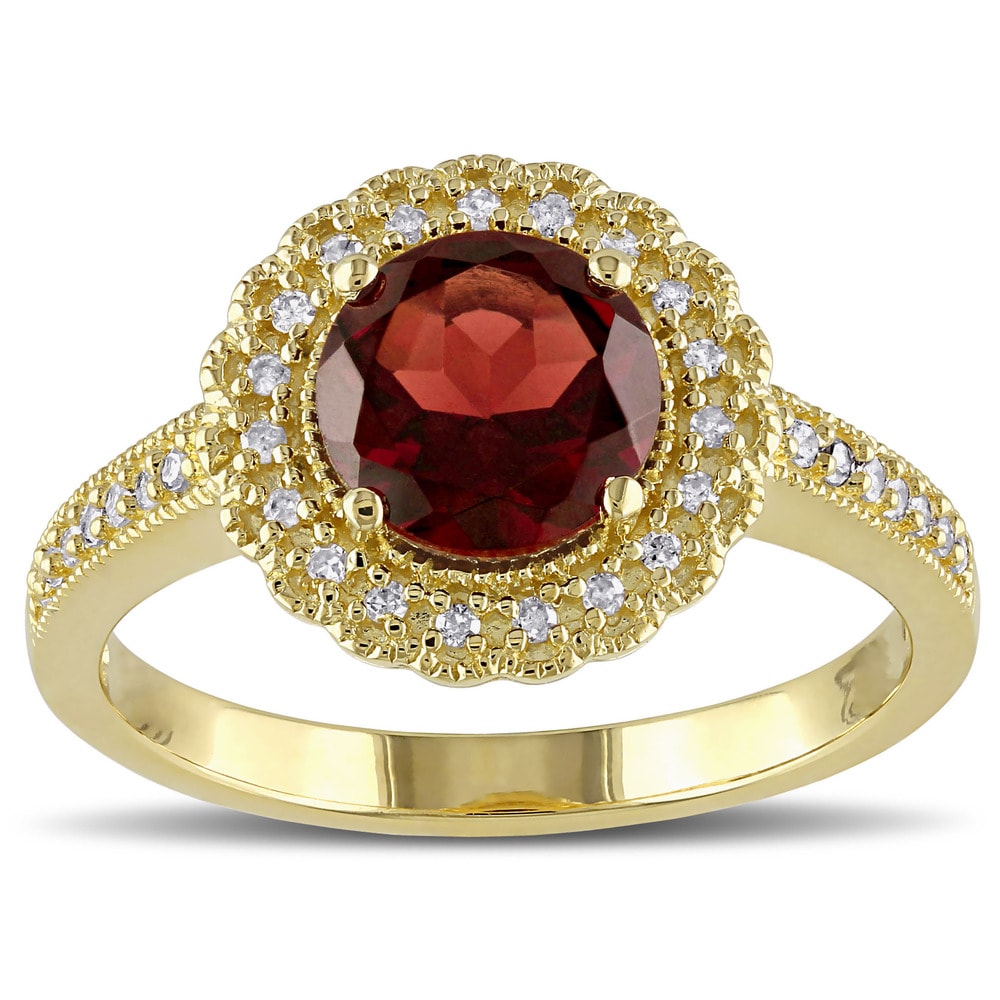 Miadora Yellow Plated Sterling Silver Garnet and 1/8ct TDW Diamond Halo Ring (G-H, I2-I3) - Red