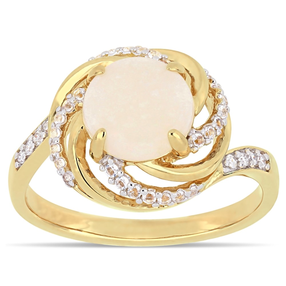 Miadora Yellow Plated Sterling Silver Opal White Topaz and Diamond Swirl Halo Ring