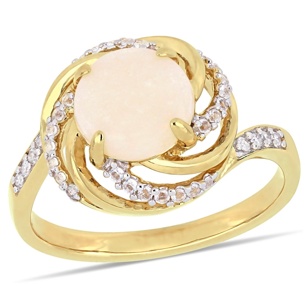 Miadora Yellow Plated Sterling Silver Opal White Topaz and Diamond Swirl Halo Ring