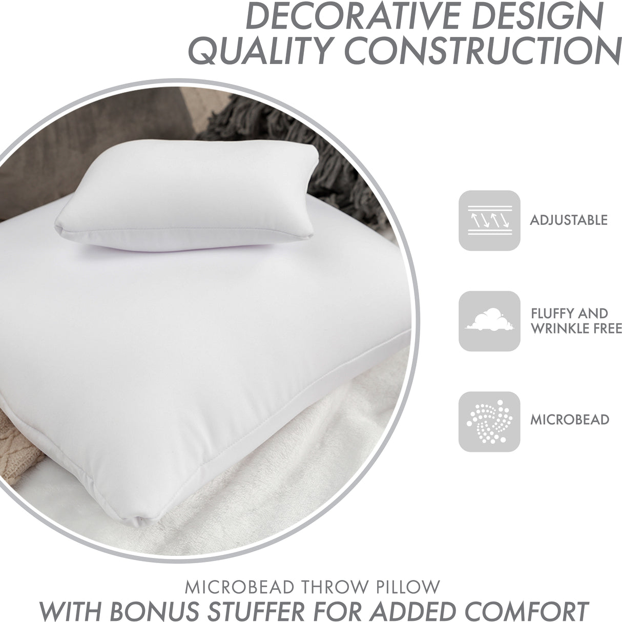 Microbead Stuffer Pillow Insert Sham Square Pillow Cushion for Extra Comfort & Support - Adjustable & Perfect Fit - 1 Pcs