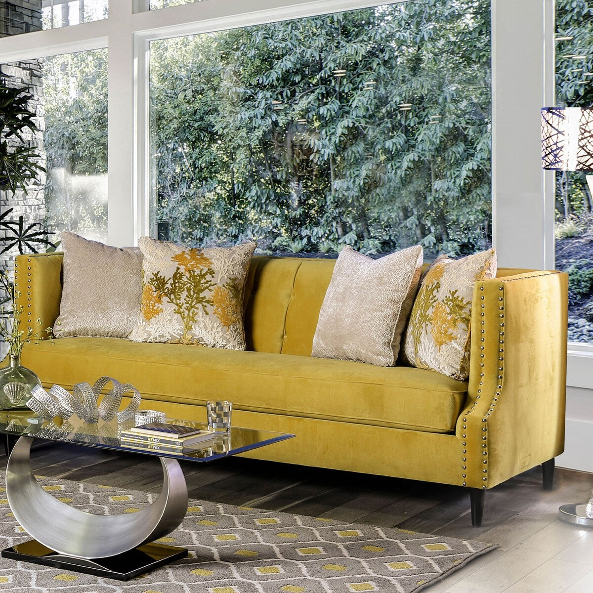 Microfiber And Wooden Sofa with High Track Arms in Royal Yellow