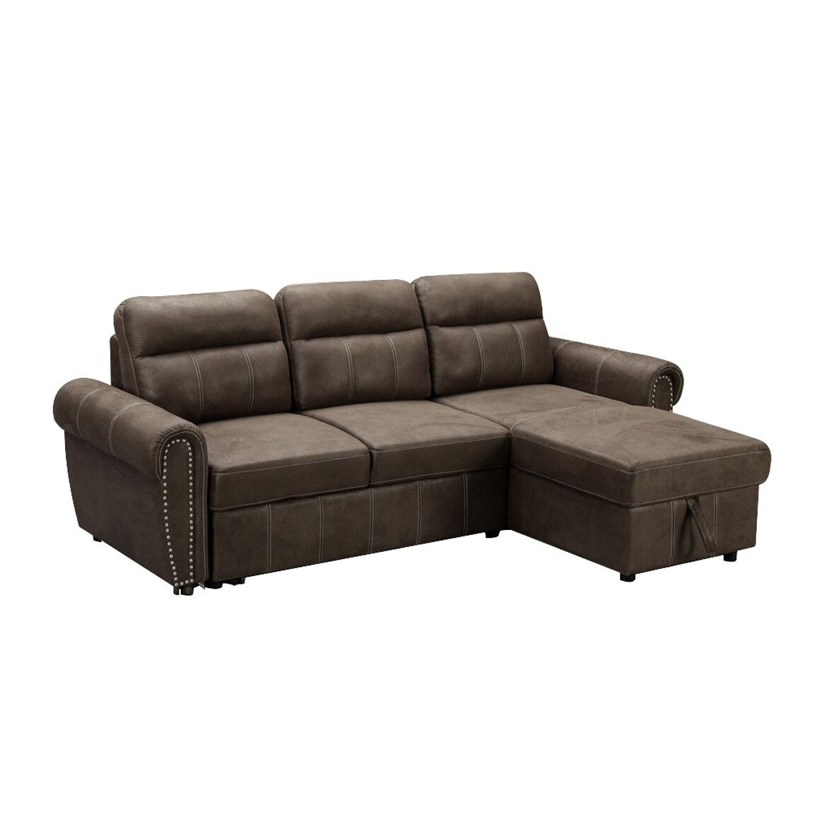 Microfiber Reversible Sleeper Sectional Sofa Chaise in Saddle Brown