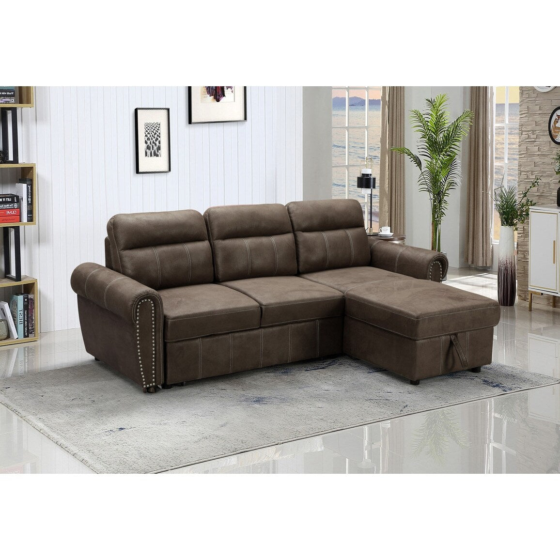 Microfiber Reversible Sleeper Sectional Sofa Chaise in Saddle Brown