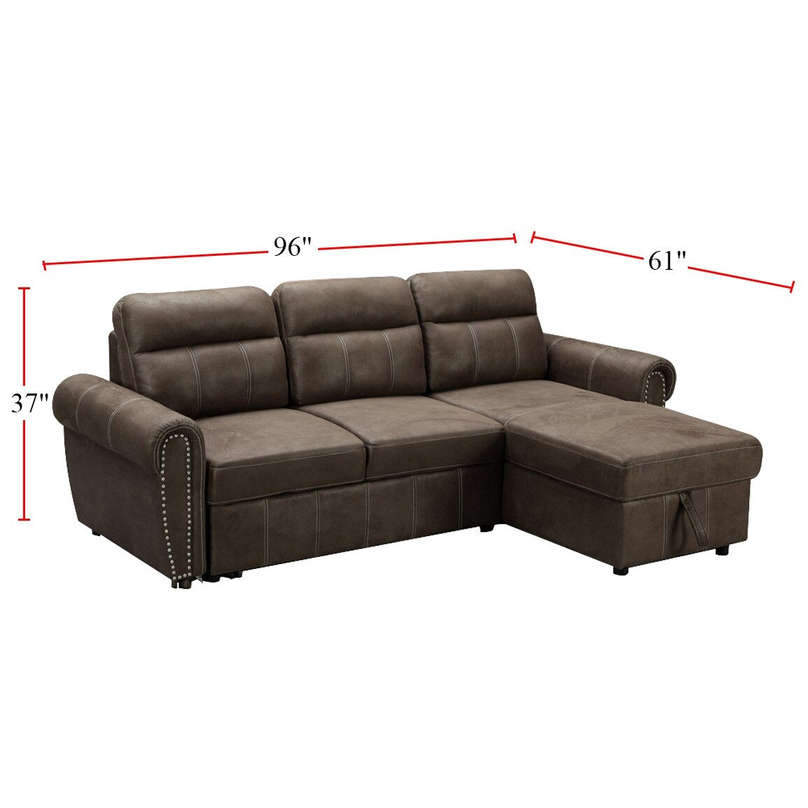 Microfiber Reversible Sleeper Sectional Sofa Chaise in Saddle Brown