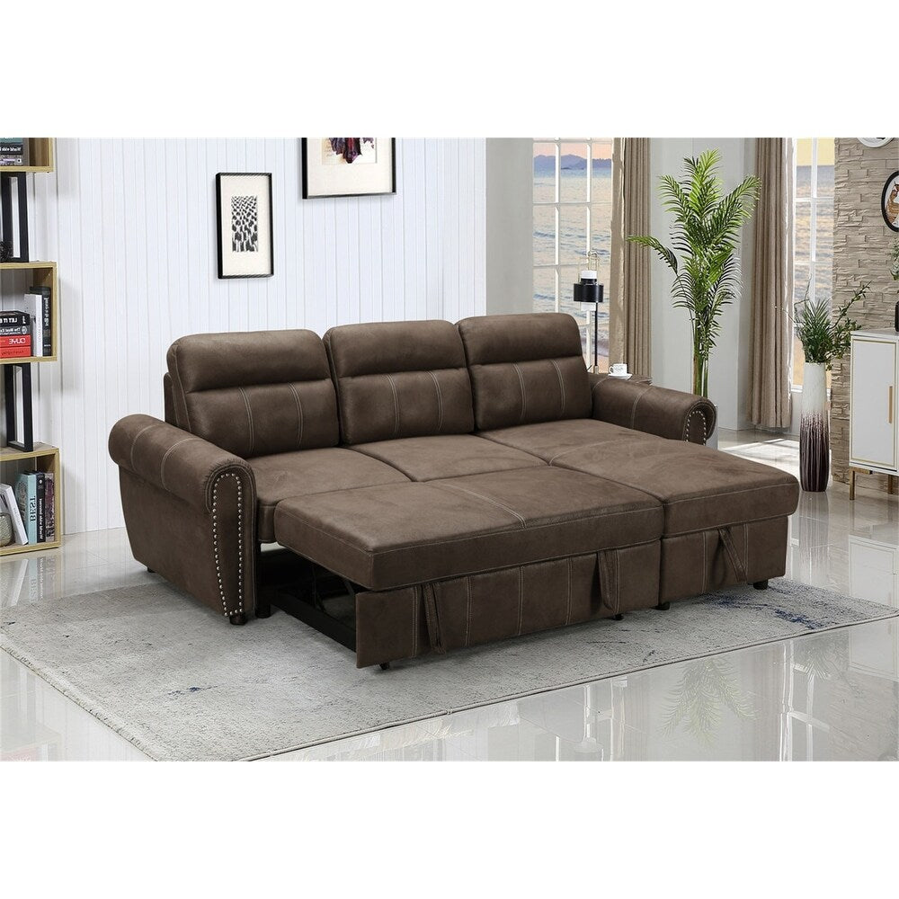 Microfiber Reversible Sleeper Sectional Sofa Chaise in Saddle Brown