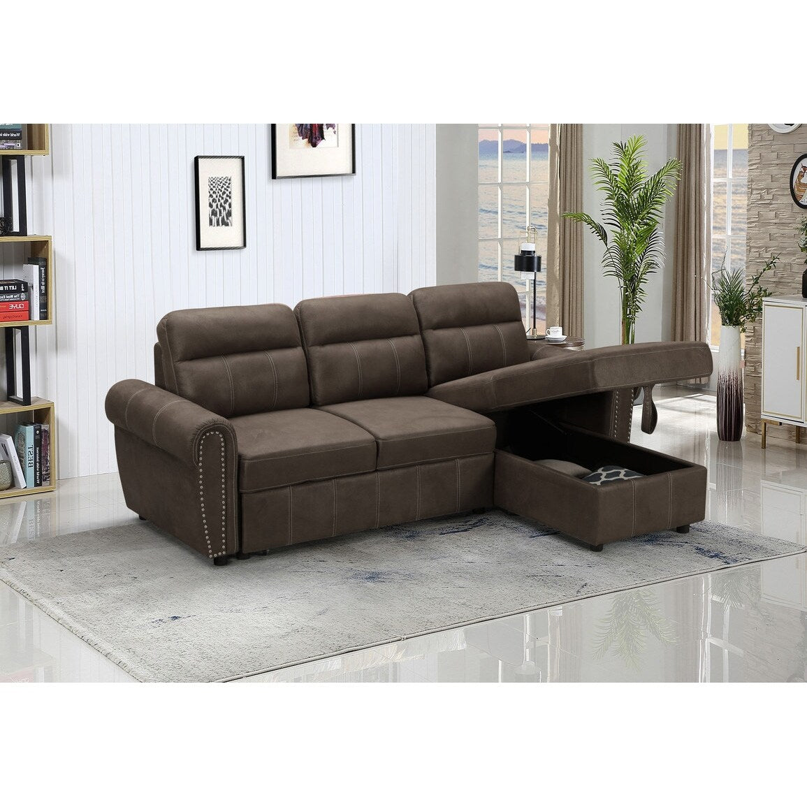 Microfiber Reversible Sleeper Sectional Sofa Chaise in Saddle Brown