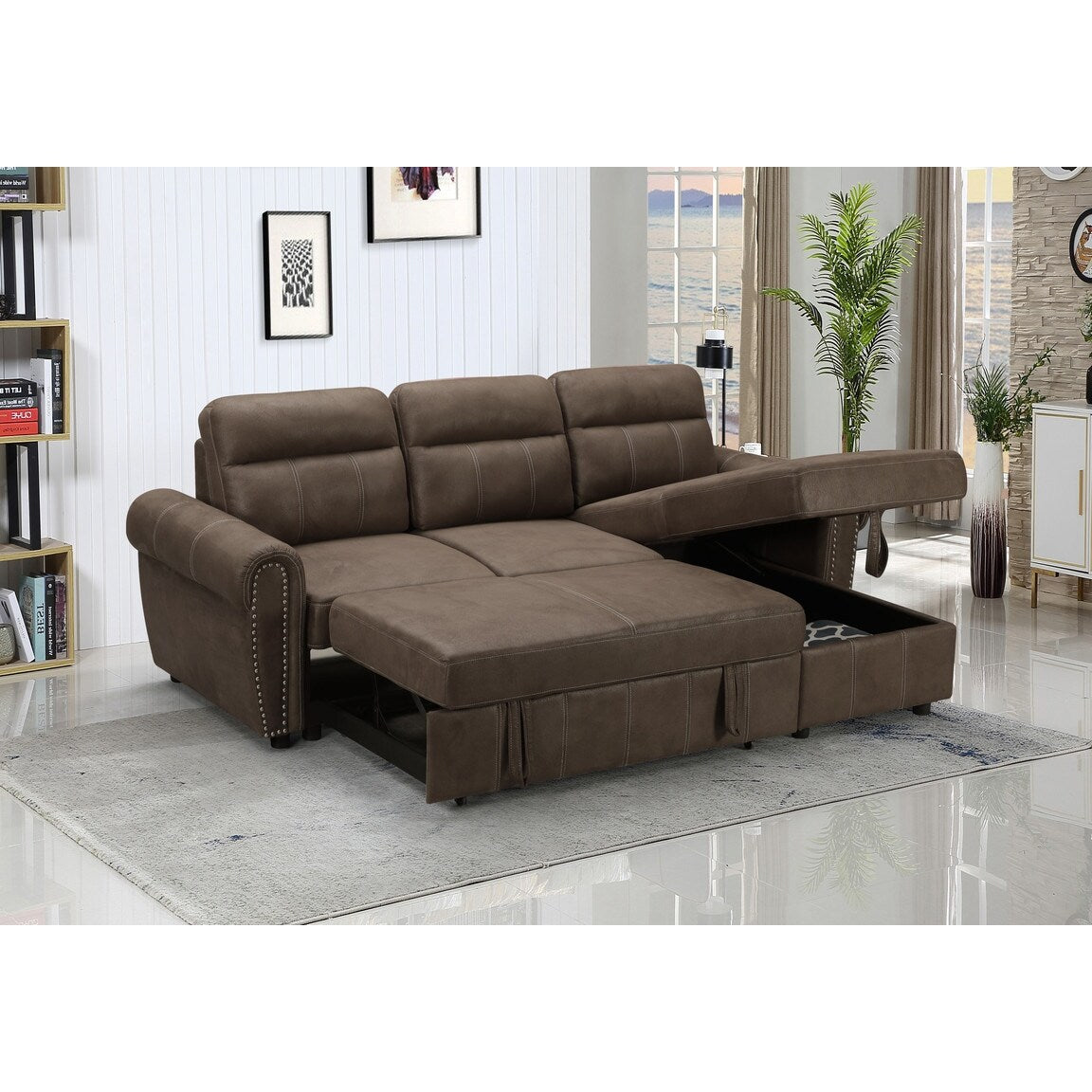 Microfiber Reversible Sleeper Sectional Sofa Chaise in Saddle Brown
