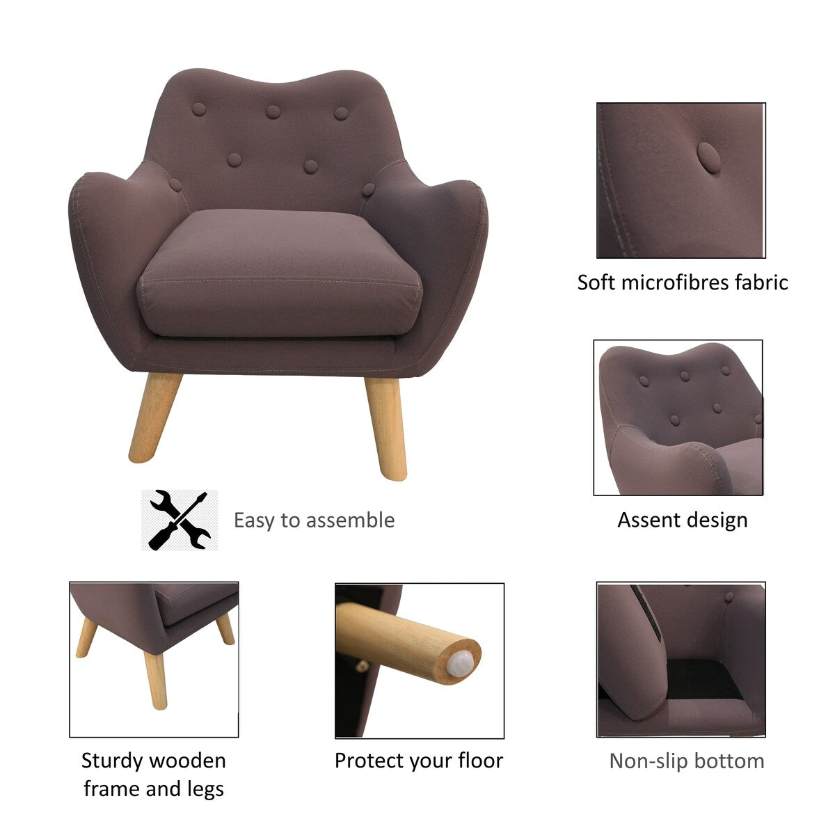 Microfibres Fabric Upholstered Child Accent Armchair with Wooden Legs - 19.29"W x 16.93"D x 20.47"H