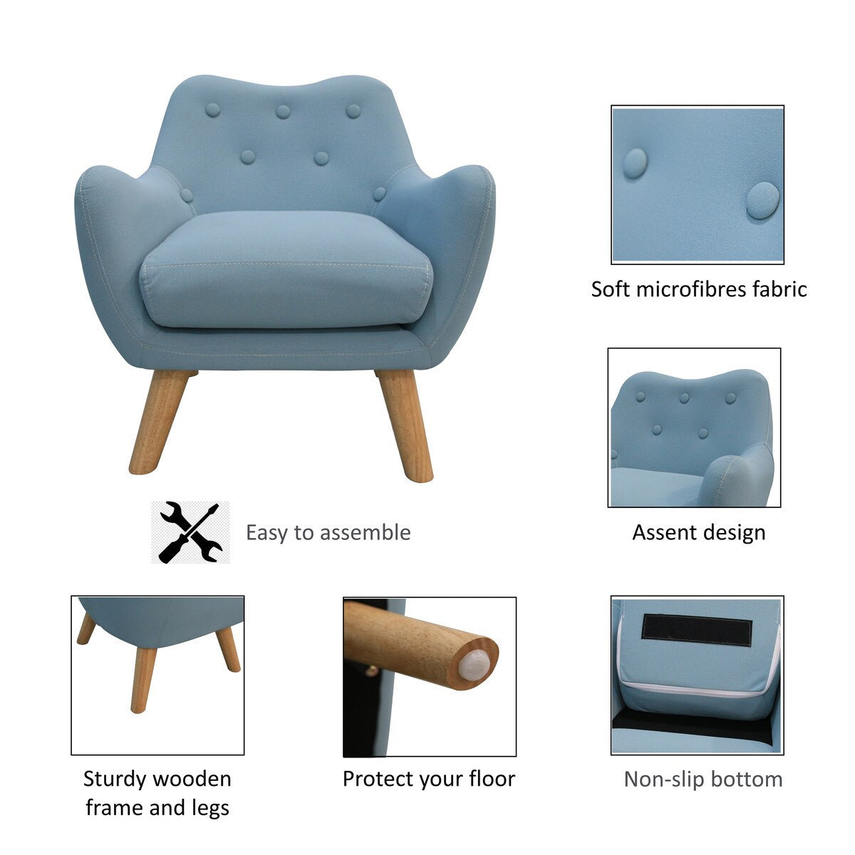 Microfibres Fabric Upholstered Child Accent Armchair with Wooden Legs - 19.29"W x 16.93"D x 20.47"H