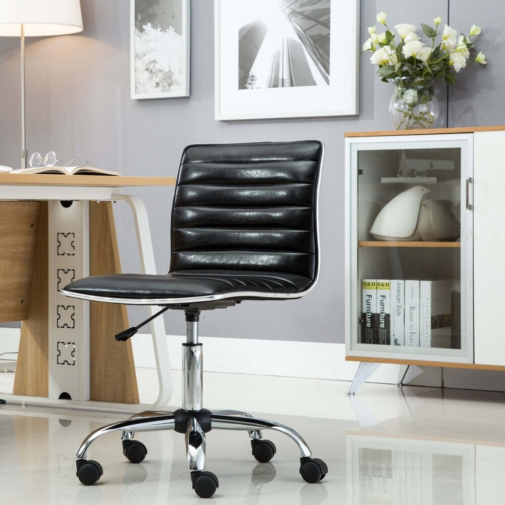 Mid Back Armless Ribbed Task Leather Upholstery Office Chair, Black
