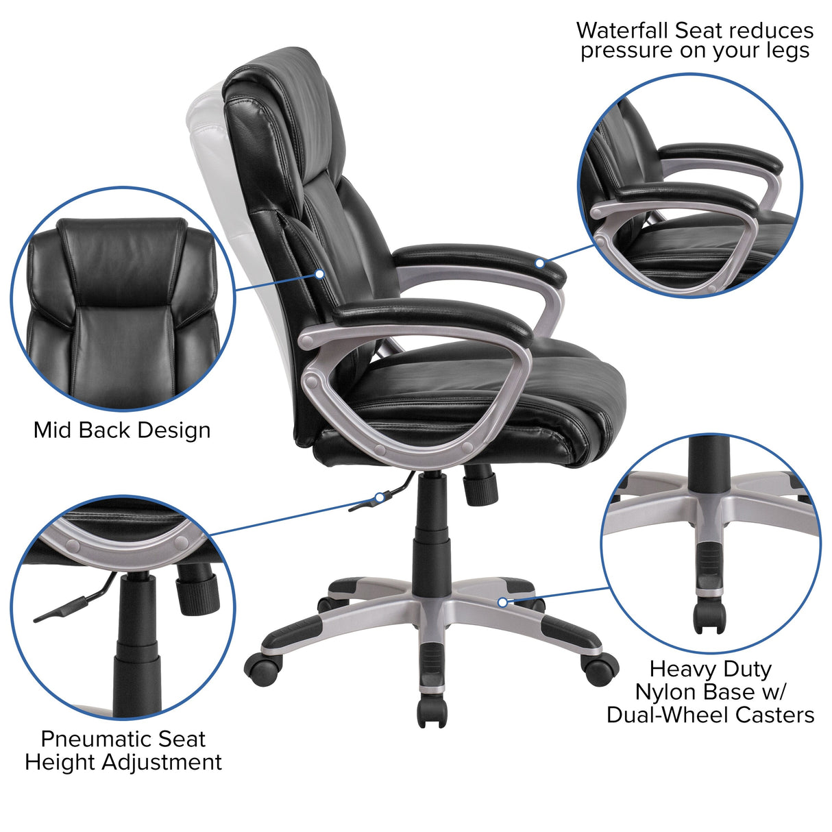 Mid-Back LeatherSoft Executive Swivel Office Chair with Padded Arms
