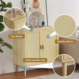 Mid-Century 2-Door Wood Storage Cabinet with Shelf and Fabric Covered Panels