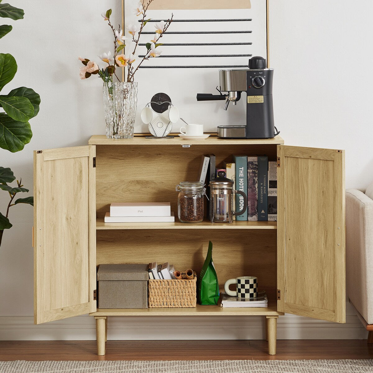 Mid-Century 2-Door Wood Storage Cabinet with Shelf and Fabric Covered Panels