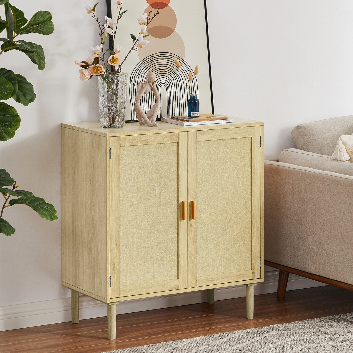 Mid-Century 2-Door Wood Storage Cabinet with Shelf and Fabric Covered Panels