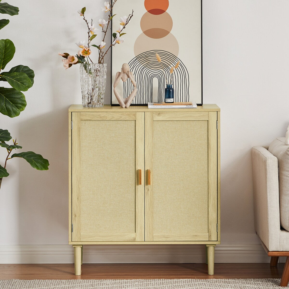 Mid-Century 2-Door Wood Storage Cabinet with Shelf and Fabric Covered Panels