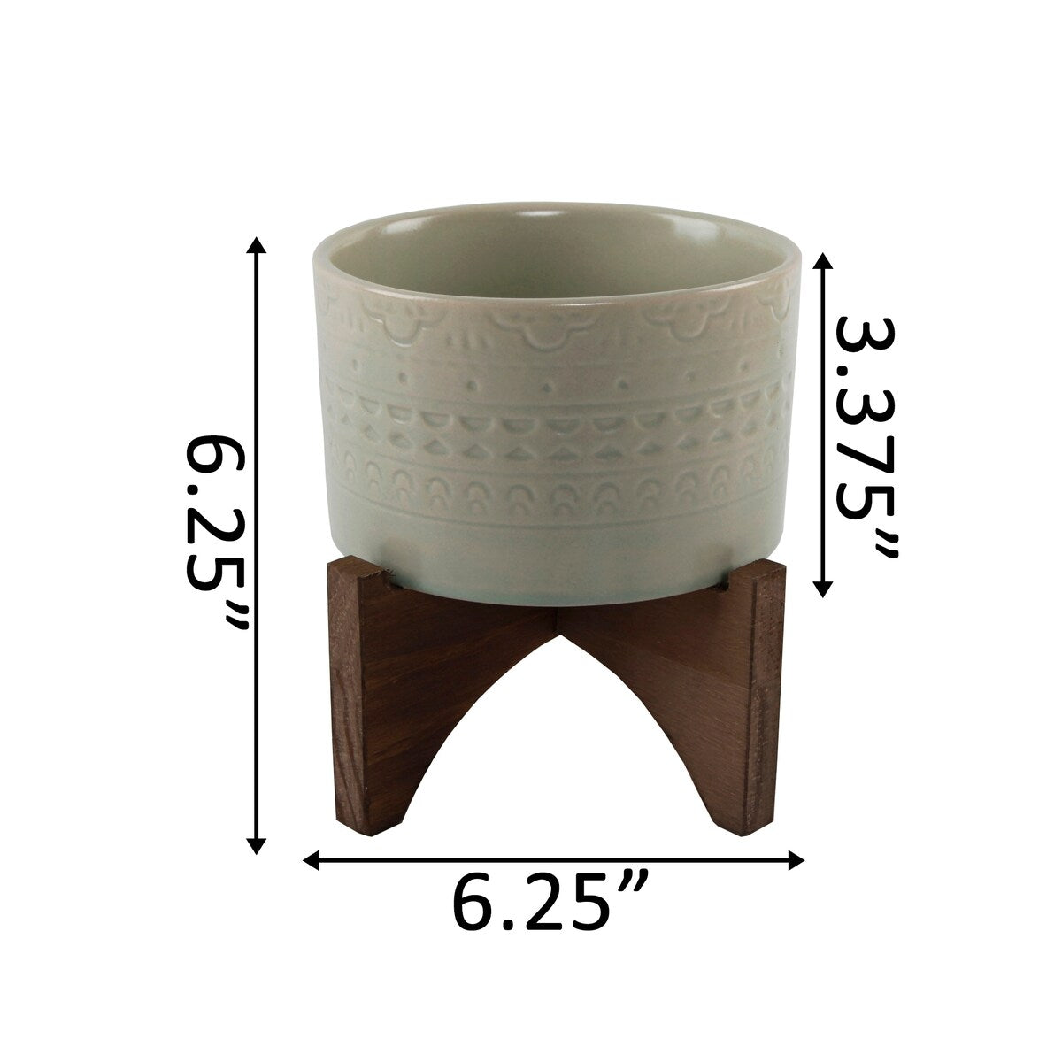 Mid-Century 5" Mayan Ceramic Planter on Wood Stand,Matte Sage