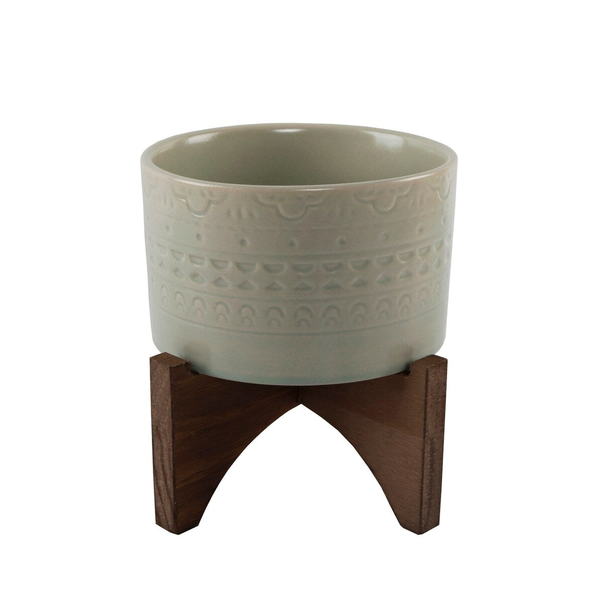 Mid-Century 5" Mayan Ceramic Planter on Wood Stand,Matte Sage