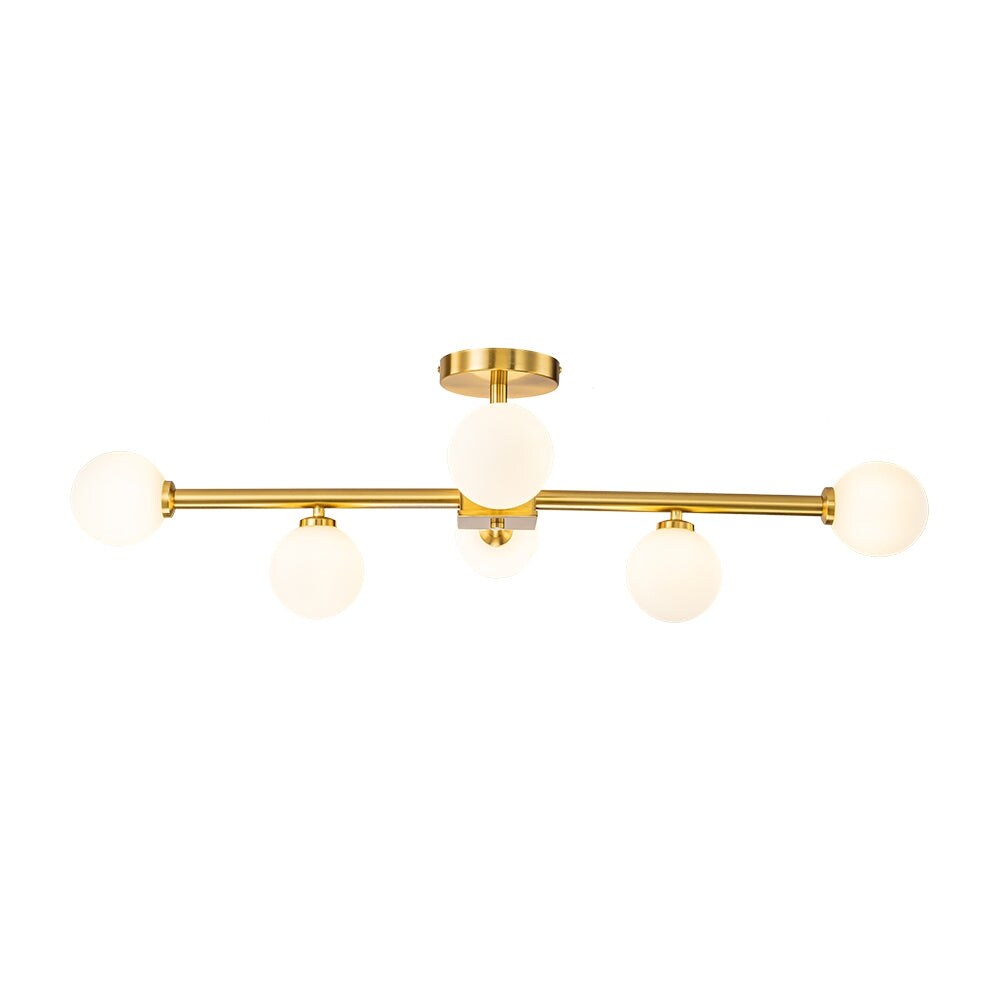 Mid-Century 6-Light Opal Glass Globe Linear Semi Flush Mount