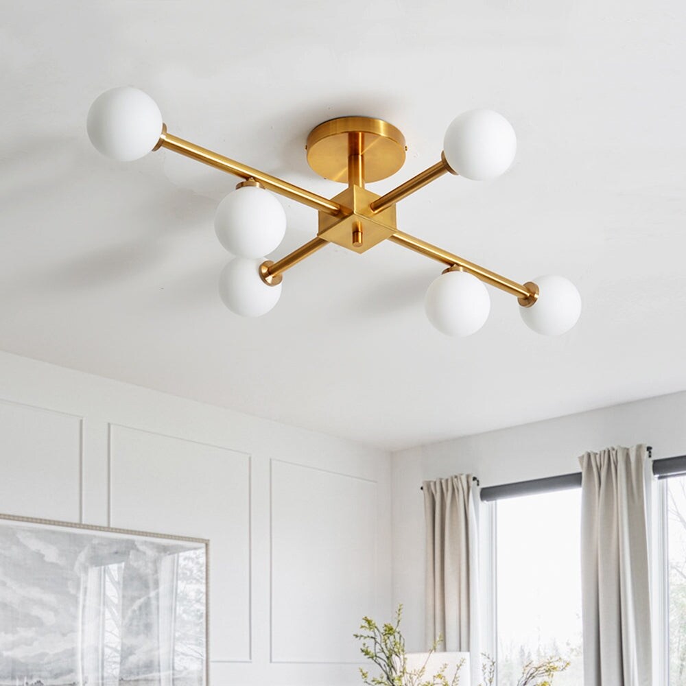 Mid-Century 6-Light Opal Glass Globe Linear Semi Flush Mount